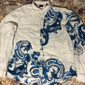 Vintage White and Blue Casual Button Down Shirt